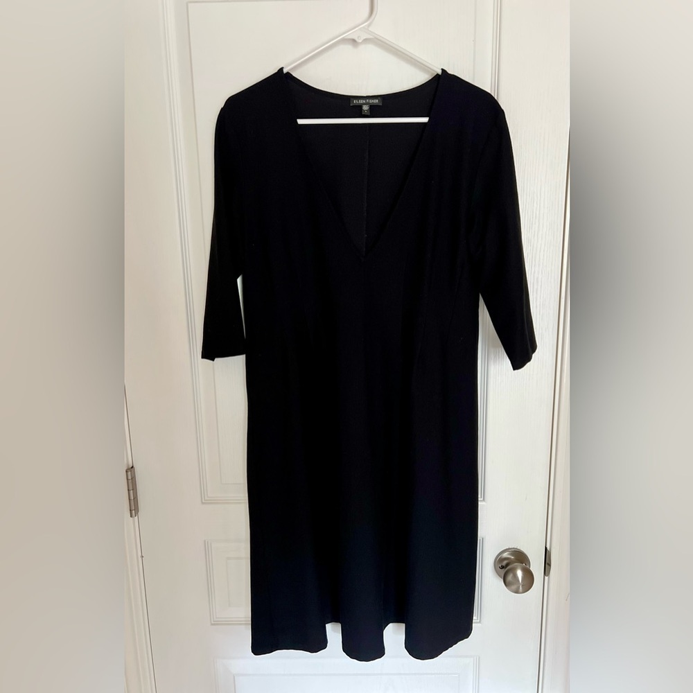 Eileen Fisher Deep V Neck Black Midi Dress with Sleeves size Large